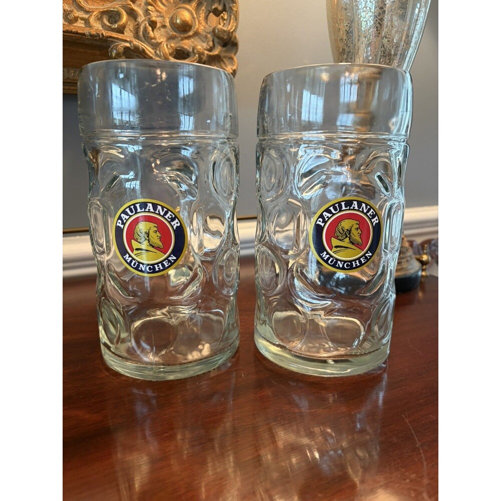 Pair of Paulaner München Dimpled 1 Liter Glass Stein Mug German Oktoberfest